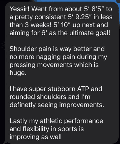 ATP improvement, rounded shoulders fixed, athletic performance up
